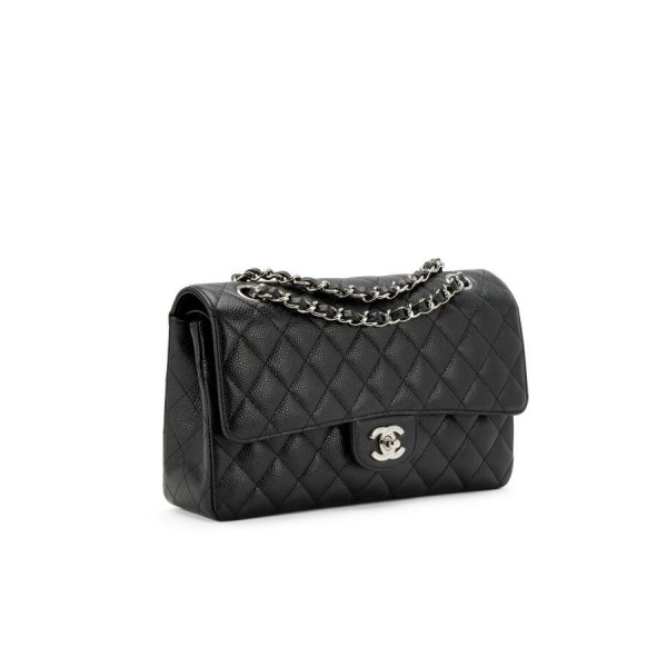 CHANEL-A01112 샤넬 블랙 캐비어 클래식 11.12 미디엄 플랩 백 25.5cm Silver-Tone Metal