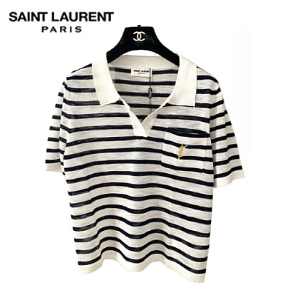 SAINT LAURENT-07265 생 로랑 화이트/블랙 스트라이프 폴로 티셔츠 여성용