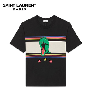 SAINT LAURENT-454150Y 생 로랑 티라노사우루스, 별, 스트라이프 프린트 디테일 블랙 크루넥 티셔츠